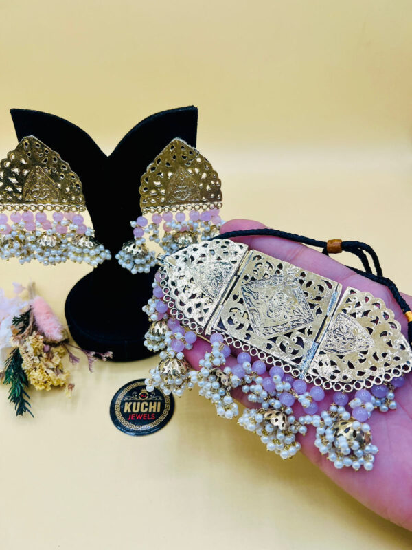 Light Pink Pearl Golden Choker Set - Image 2